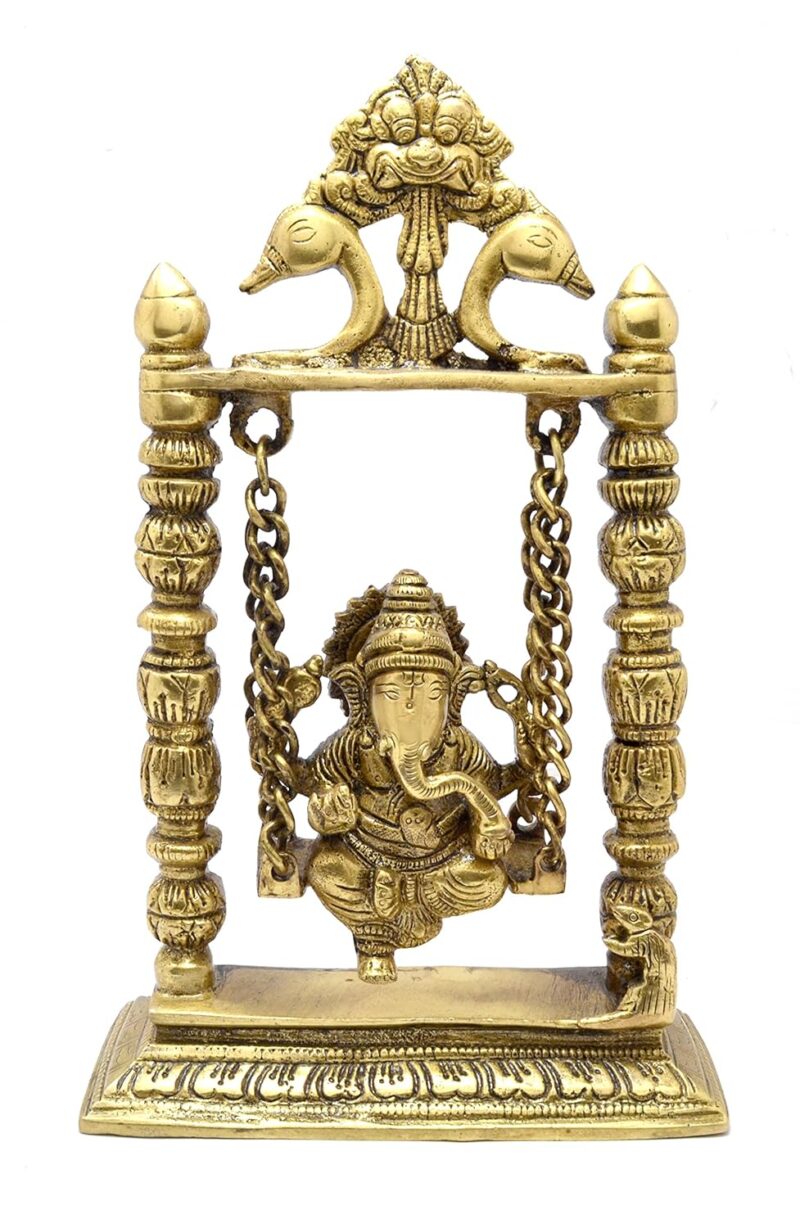 Two Moustaches Brass Antique Yellow Ganesha on Swing Jhoola Showpiece, Standard, Pack of 1