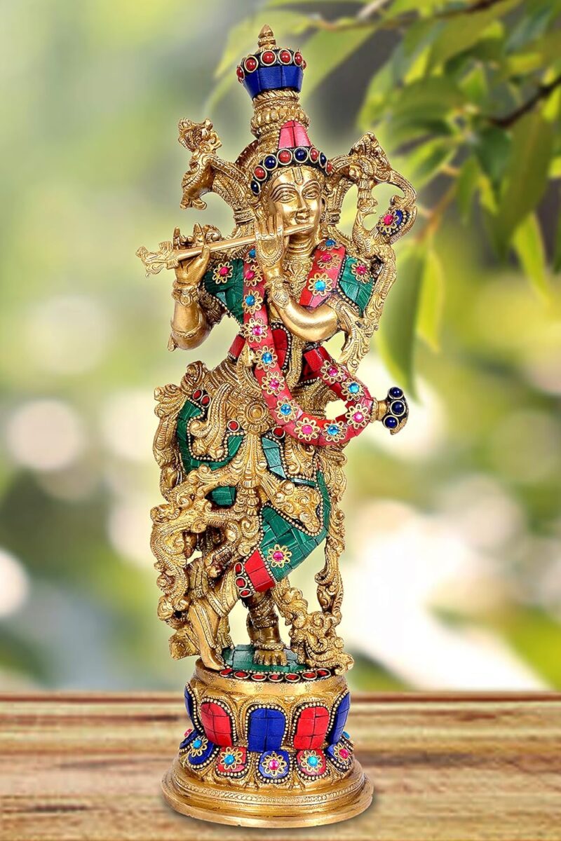 AONA Brass Lord Krishna Idol Statue Krishna Sculpture Decorative Showpiece for Home Office Decor Multicolou | Height 15 Inches