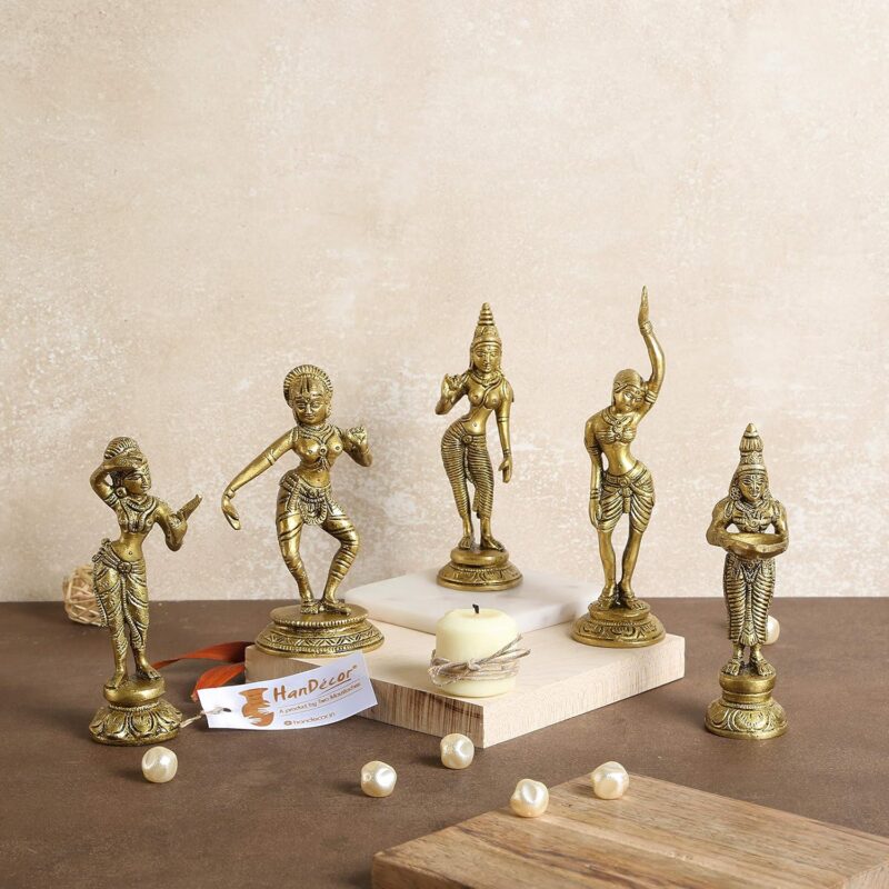 Two Moustaches Brass Apsara Showpieces - Set of 5 Statues, Decorative Items for Home, Show Pieces for Home Decor, Gifts for House Warming Ceremony, Ethnic Home Decor, Standard, Pack of 5