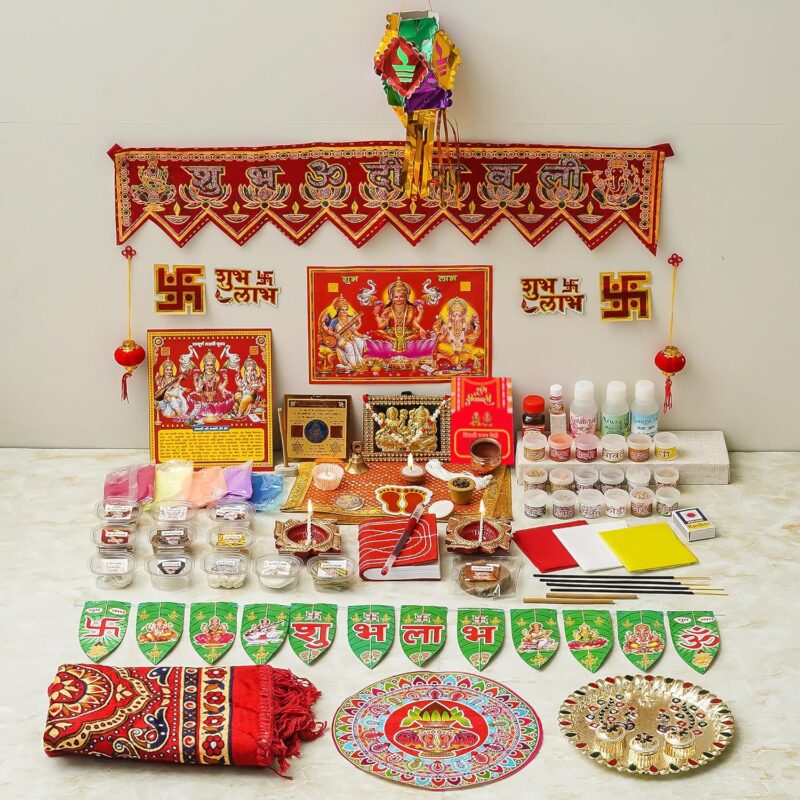 iinfinize Diwali Puja 101 Items Traditional Laxmi Mahalaxmi Home Office Puja Samagri Kit Sampurn Deewali Poojan Set Pooja Vidhi with Poster Premium Diwali Gift Hamper