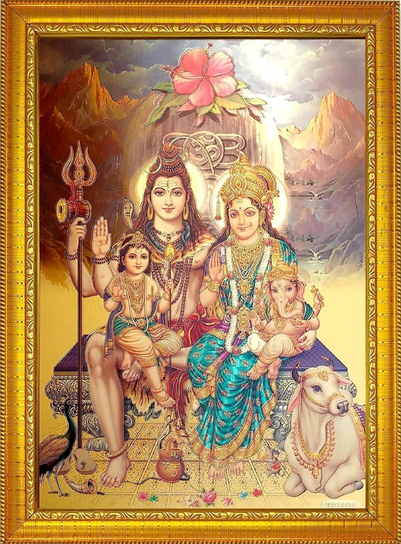 ADA Handicraft® Lord Shiva & Family Photo Frame for Wall and Pooja/Poster for Pooja/Religious Framed Painting for Worship (35 x 25) cm ,Wood ,Multicolor