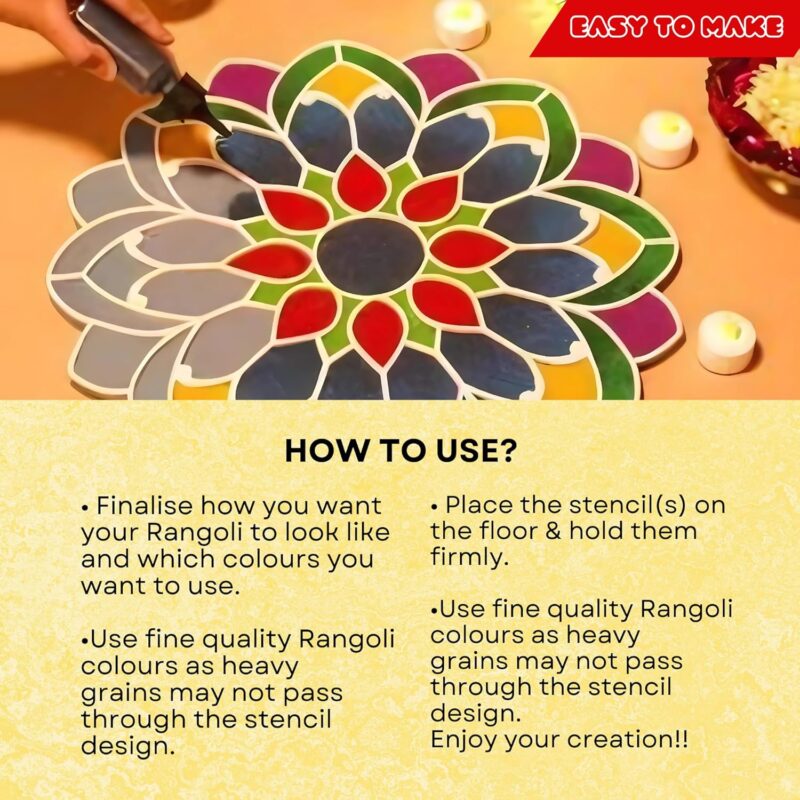 Rangoli Stencils Mats | Reusable Rangoli Template | Rangoli Making Tools Kit | Diwali Decoration | Wooden Rangoli Stencil + 2 Tealight Candles | Pooja Room Decoration | MDF Stencil | 12 Inches