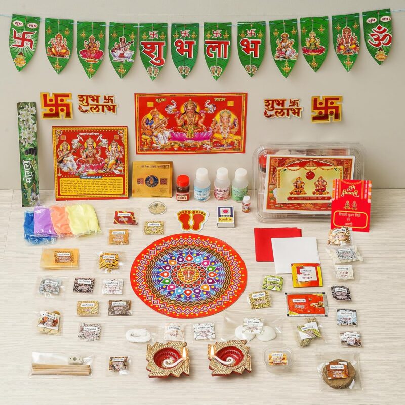 iinfinize 51 Items Diwali Lakshmi Mata Ganesh Pujan Samagri Packet Pooja Kit With Poster Pujan Whole Kit One Puja Thali Home And Office Deepawali Pujan Vidhi