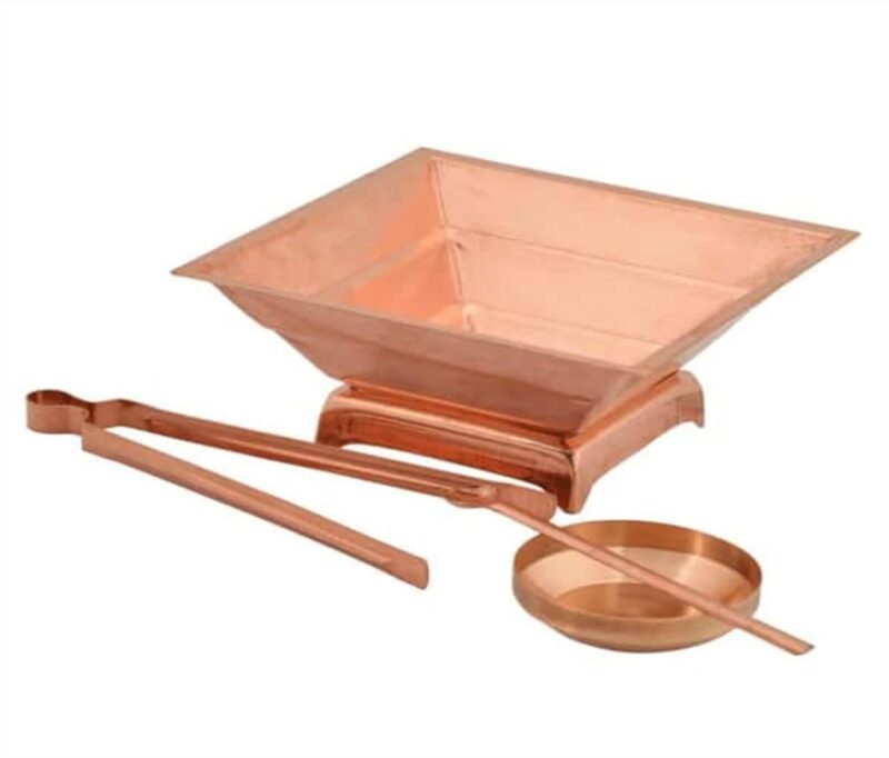 VT Copper Agnihotra Kit Set with Aachmani Spoon, Small Plate & Chimta for Yagya, Hawan & Pooja Purpose, Religious & Spiritual Item, Pooja Supplies (Hawan Kund + Stand +Achamani + Plate + Chimta)