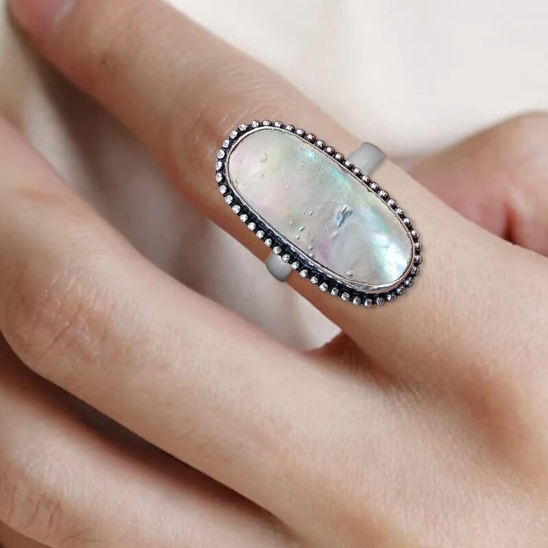 9Dzine Mother of Pearl Designer Fashion Finger Ring, Antique Design Mother of Pearl Gemstone with Rainbow reflection Statement Ring For Women and Girls,White