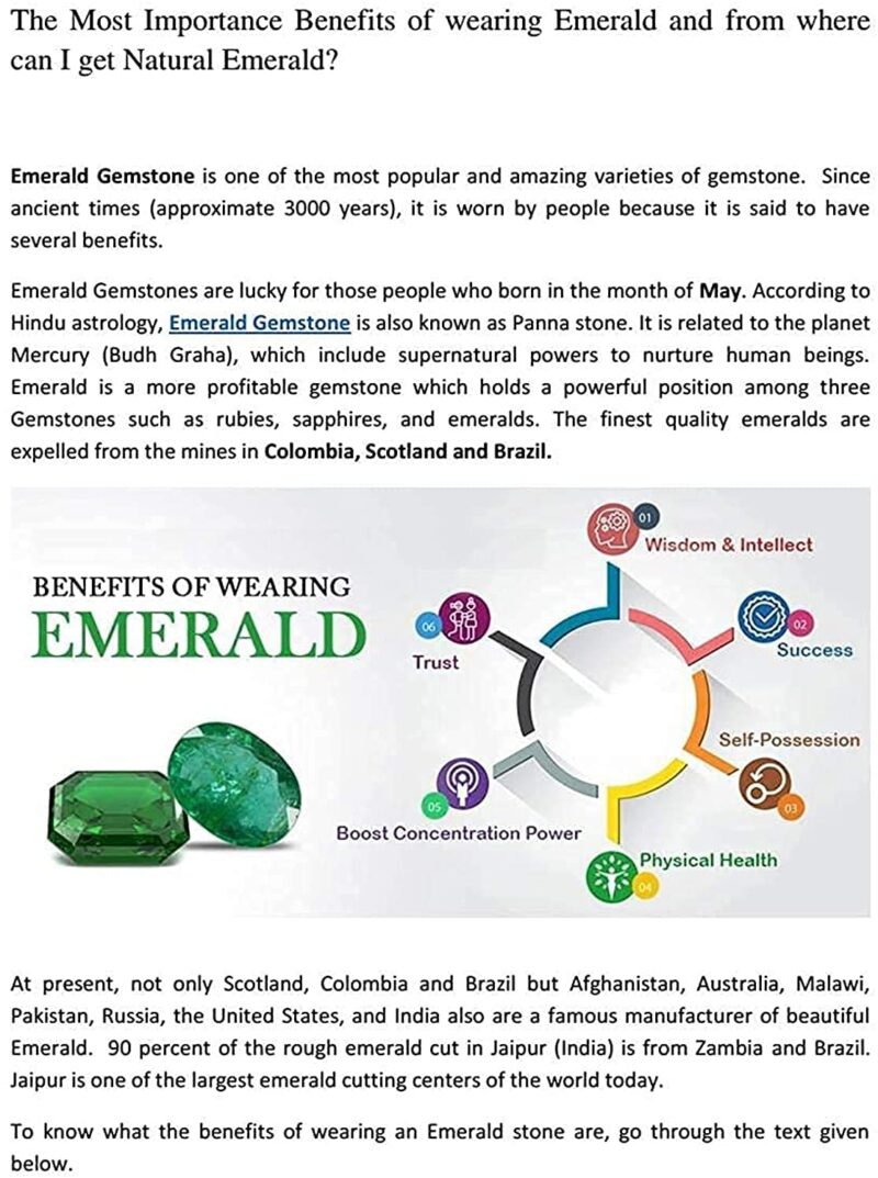 Sidharth Gems Colombian Emerald Stone 7.25 Ratti/6.52 Carat Unheated Lab Certified Loose Precious Panna Gemstone