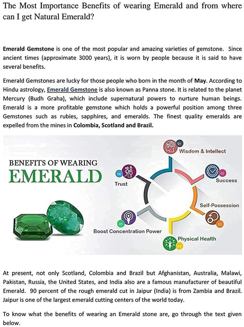 JAGDAMBA GEMS 5.25 Ratti 4.40 Carat 100% Brazilian Emerald Panna Gemstone Certified Natural Gemstone AA++ Quality