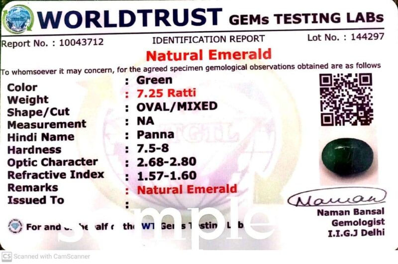 Ayush Gems Zambian 7.25 Ratti Emerald Stone with Lab Certified Card & Guarantee Card Original Emerald Gemstone/Panna Stone Natural Certified/Natural Panna}