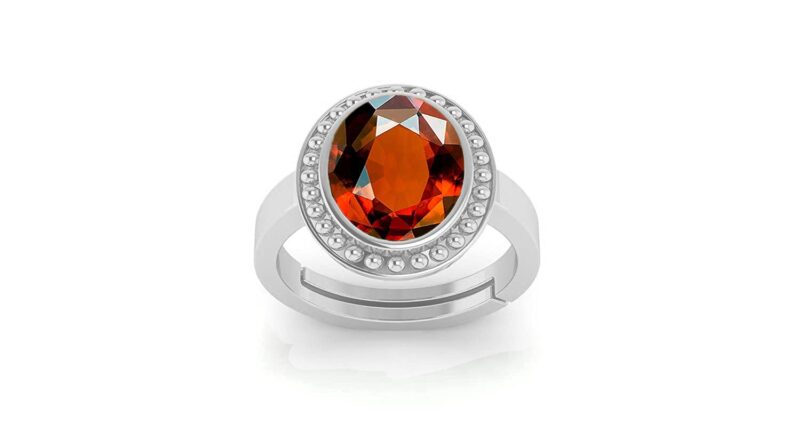 Akshita Gems 5.25 Ratti 4.00 Carat Certified A+ Quality Natural Hessonite Garnet Gomed Adjustable Silver Ring Loose Gemstone for Women's and Men's