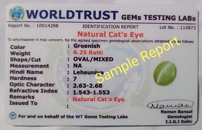 EVERYTHING GEMS 6.25 Ratti Cat's Eye Gemstone/Lehsunia Gemstone/Cats Eye (Ketu) Original Certified Gemstone