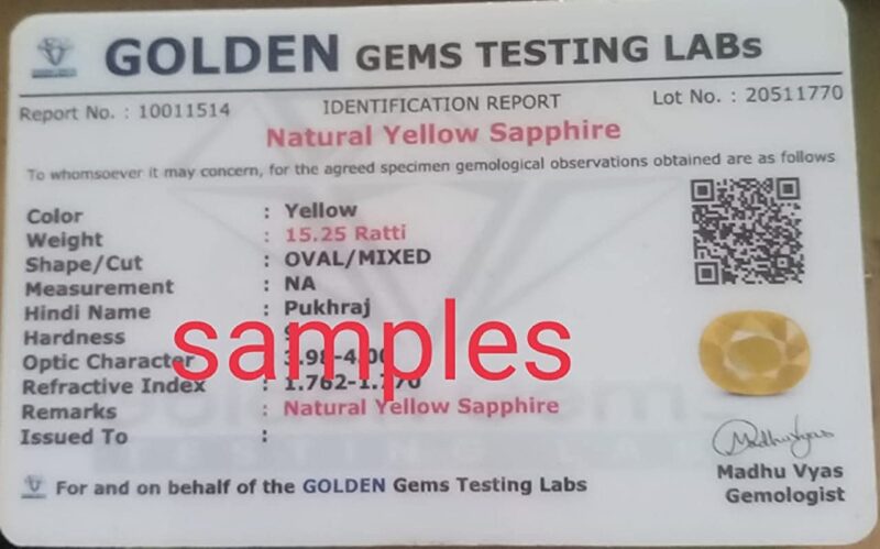 JAGDAMBA GEMS 12.00 Ratti Unheated Untreated Ceylone Yellow Sapphire Pukhraj Stone Original Certified Natural Gemstone