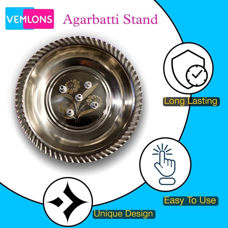 Vemlons Agarbatti Stand with Ash Catcher Holder (5 Stick) Stainless Steel Incense Stick Holder, Incense Burner (Set of 1)