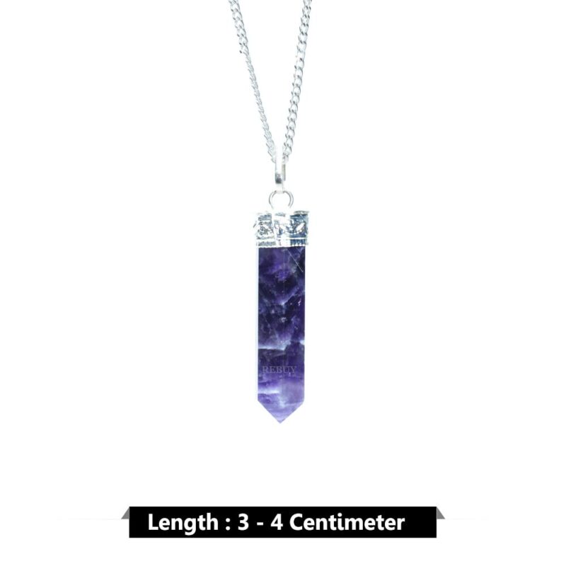 REBUY Natural Amethyst Pendant Crystal Pencil Shape Healing Gemstone with Chain | Jewellery Gift for Women & Men