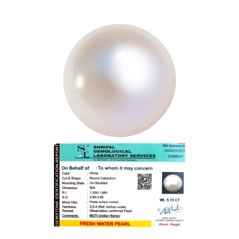 Divine Spirituals Natural Premium Fresh Water Pearl (Original Moti) Lab-Certified AAA Grade Round Cabachon Gems For Moon, Love, Stress Reduction & Ring Jewelry For Men & Women