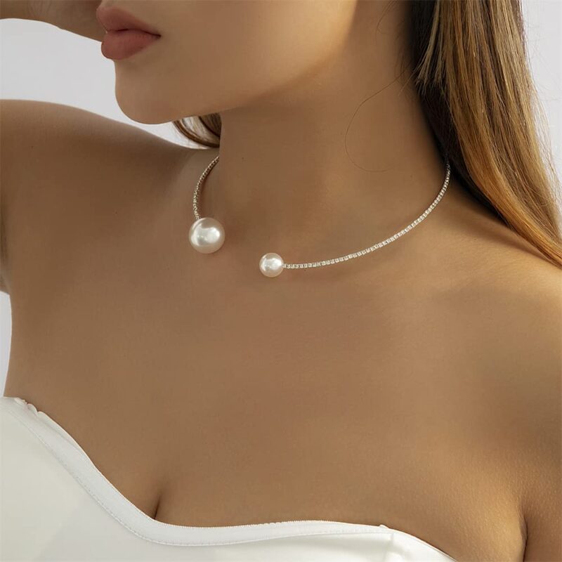 Gold Necklace Pearl Open Choker Necklace for Women Adjustable Cystal Rhinestone Pearl Silver Gold Choker Cuff Collar Necklace Jewelry Party Gifts Costume Accessories