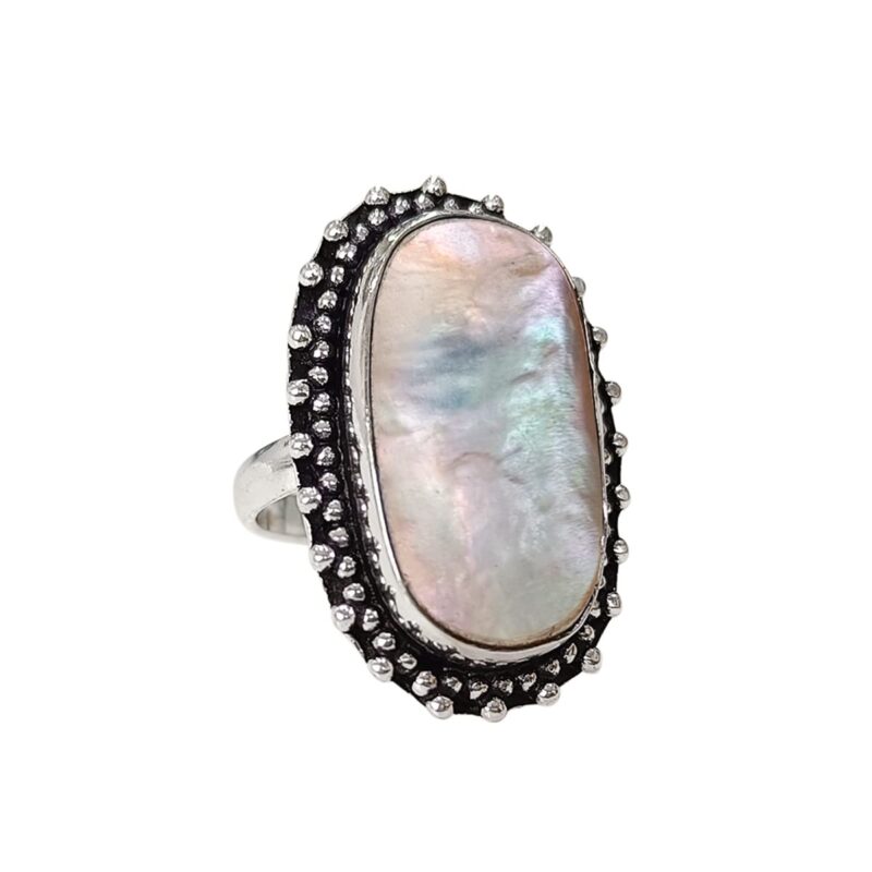 9Dzine Mother of Pearl Designer Fashion Finger Ring, Antique Design Mother of Pearl Gemstone with Rainbow reflection Statement Ring For Women and Girls,White