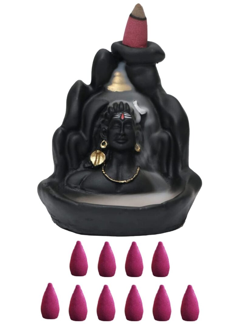 HC VILLA Lord Adiyogi Incense Holder with 10 Free Cones, Mahadev, Shiv Shankara Backflow Cone Incense Holder Decorative Showpiece with 10 Free Smoke Backflow Scented Cone Incenses (Black)