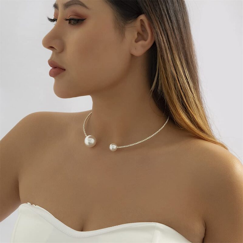 Gold Necklace Pearl Open Choker Necklace for Women Adjustable Cystal Rhinestone Pearl Silver Gold Choker Cuff Collar Necklace Jewelry Party Gifts Costume Accessories