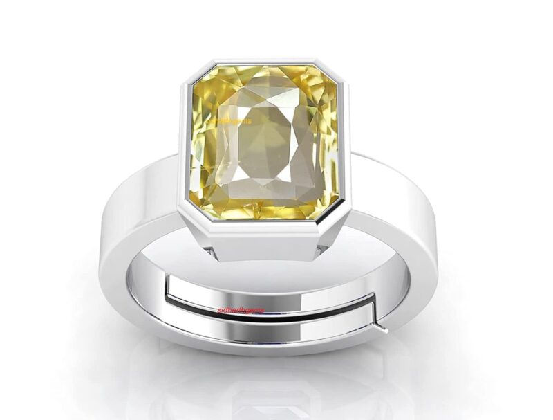 SIDHARTH GEMS 15.25 Ratti 14.25 Carat Yellow Sapphire Stone Silver Adjustable Ring Original and Certified Natural Pukhraj Unheated and Untreated Gemstone Free Size Anguthi for Men and Women