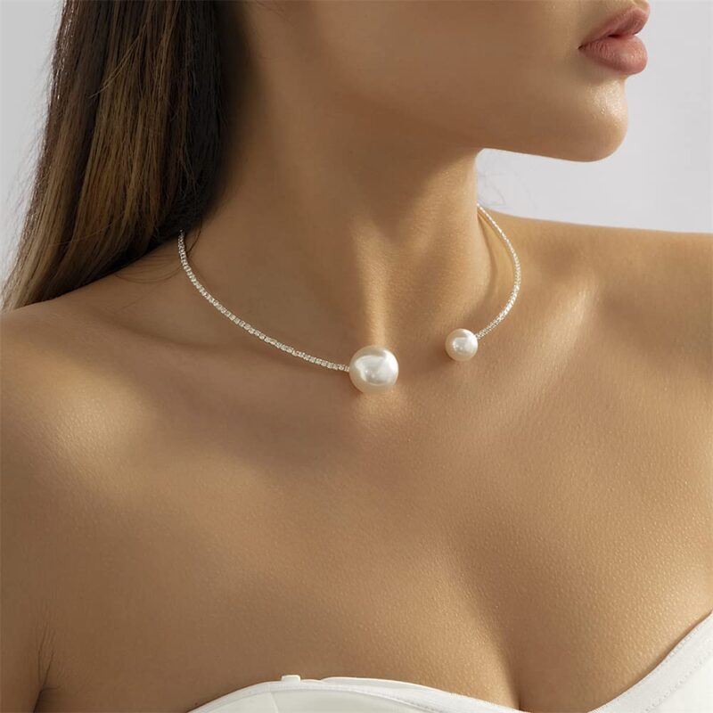 Gold Necklace Pearl Open Choker Necklace for Women Adjustable Cystal Rhinestone Pearl Silver Gold Choker Cuff Collar Necklace Jewelry Party Gifts Costume Accessories