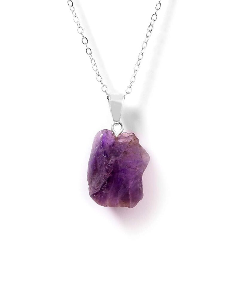 Gempro Certified Raw Amethyst Gemstone Healing Silver Chain Pendant Necklace For Women