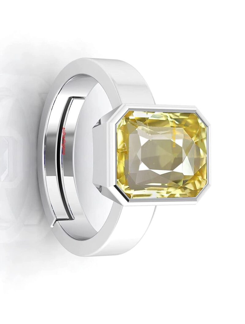 SIDHARTH GEMS 15.25 Ratti 14.25 Carat Yellow Sapphire Stone Silver Adjustable Ring Original and Certified Natural Pukhraj Unheated and Untreated Gemstone Free Size Anguthi for Men and Women