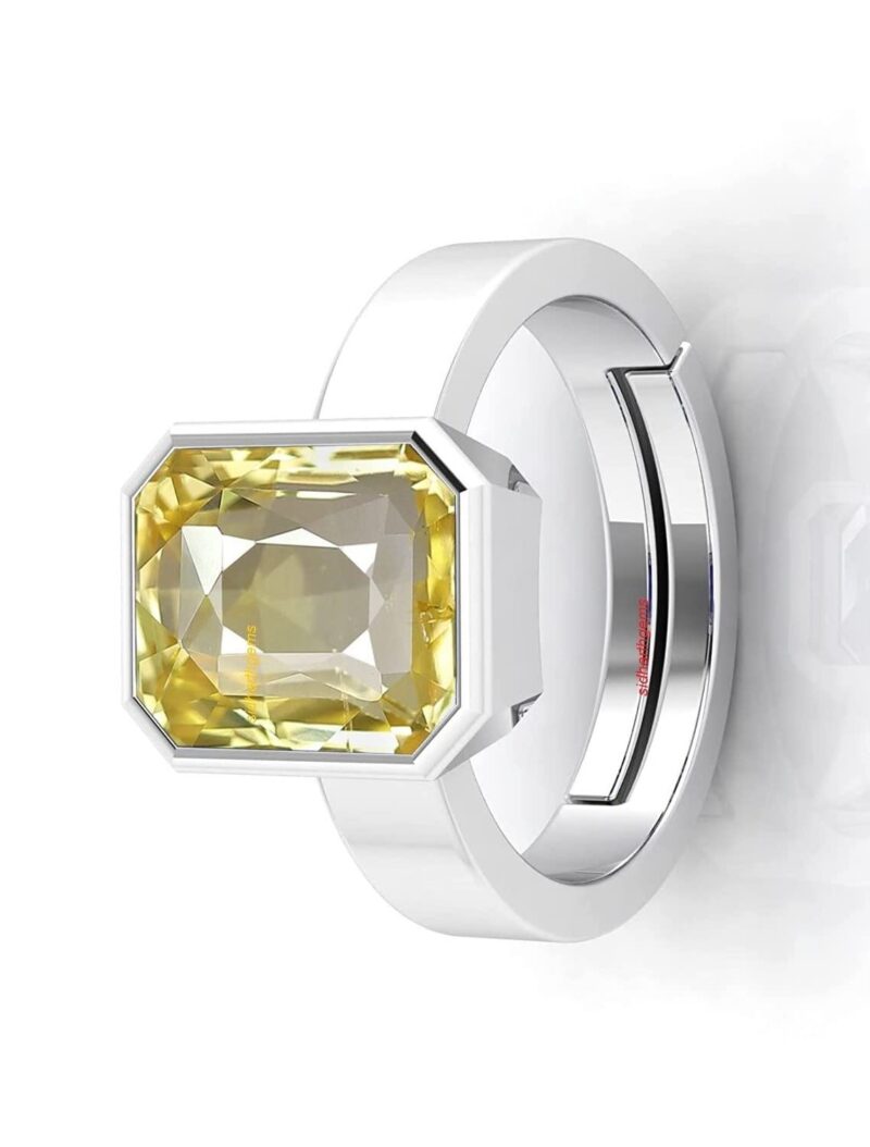 SIDHARTH GEMS 15.25 Ratti 14.25 Carat Yellow Sapphire Stone Silver Adjustable Ring Original and Certified Natural Pukhraj Unheated and Untreated Gemstone Free Size Anguthi for Men and Women