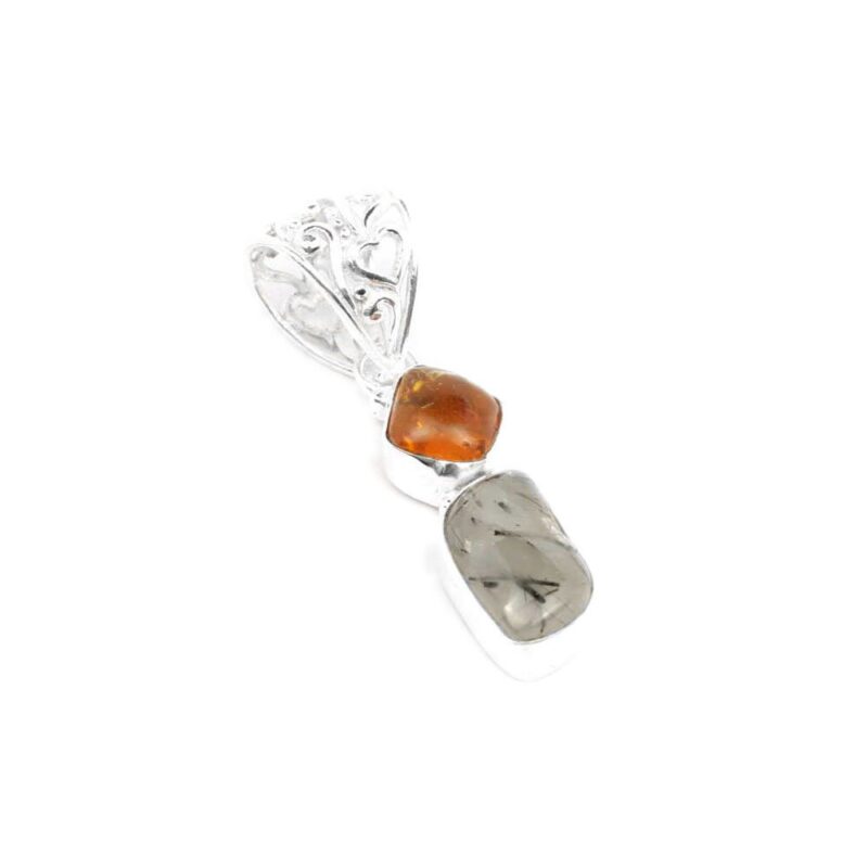 Amber Syn. Black Routile Gemstone Handmade Jewelry 925 Sterling Silver Plated Pendant (F019_P_Amber Black Routile_ 6.80)