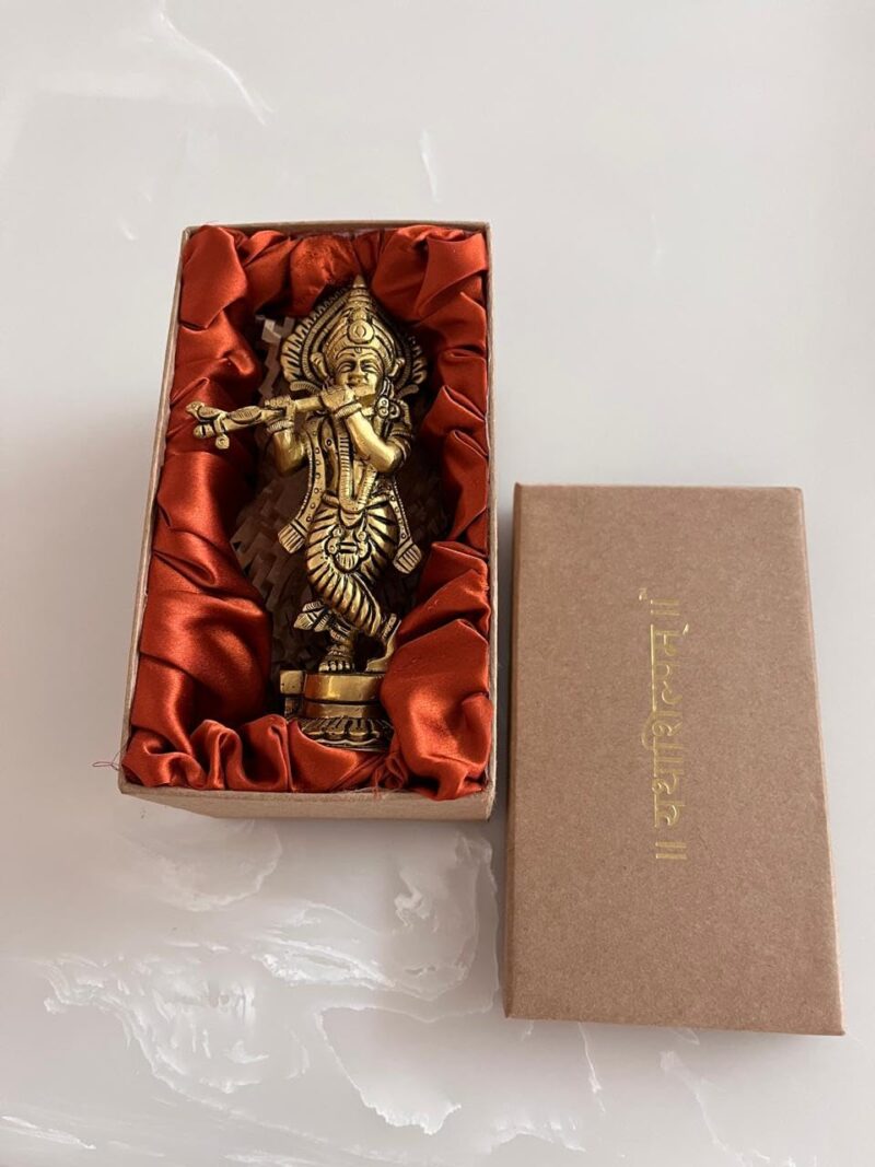 Yathashilpam Brass Krishna Idol I Krishna Murti I Lord Krishna Statue I Krishna Idol Playing Flute for Home Mandir I Krishna Idol Brass I Yellow Antique Colour I 6.5 cm x 4.5 cm x 16 cm I Pack of 1