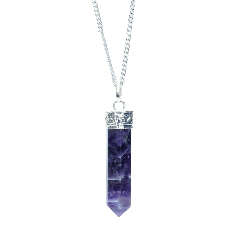 REBUY Natural Amethyst Pendant Crystal Pencil Shape Healing Gemstone with Chain | Jewellery Gift for Women & Men