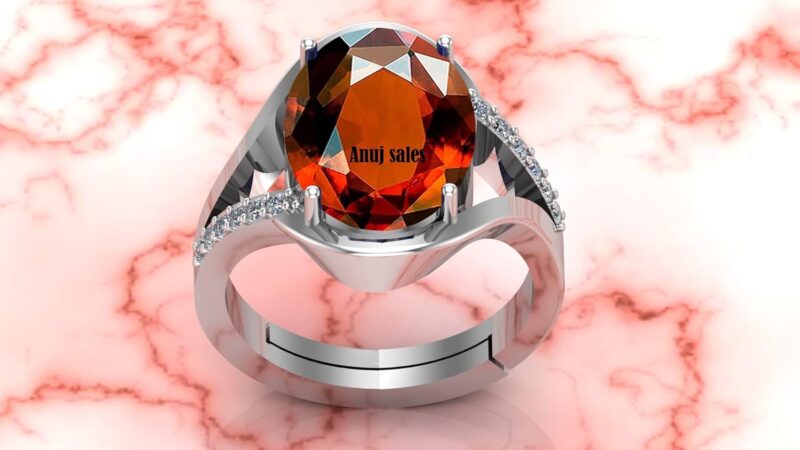 Anuj Sales 11.25 Ratti / 10.00 Carat Natural Certified Hessonite/Garnet/Gomed Loose Gemstone Silver Plated Adjustable Ring Sizes Between 15 to 28 for Men's and Women's