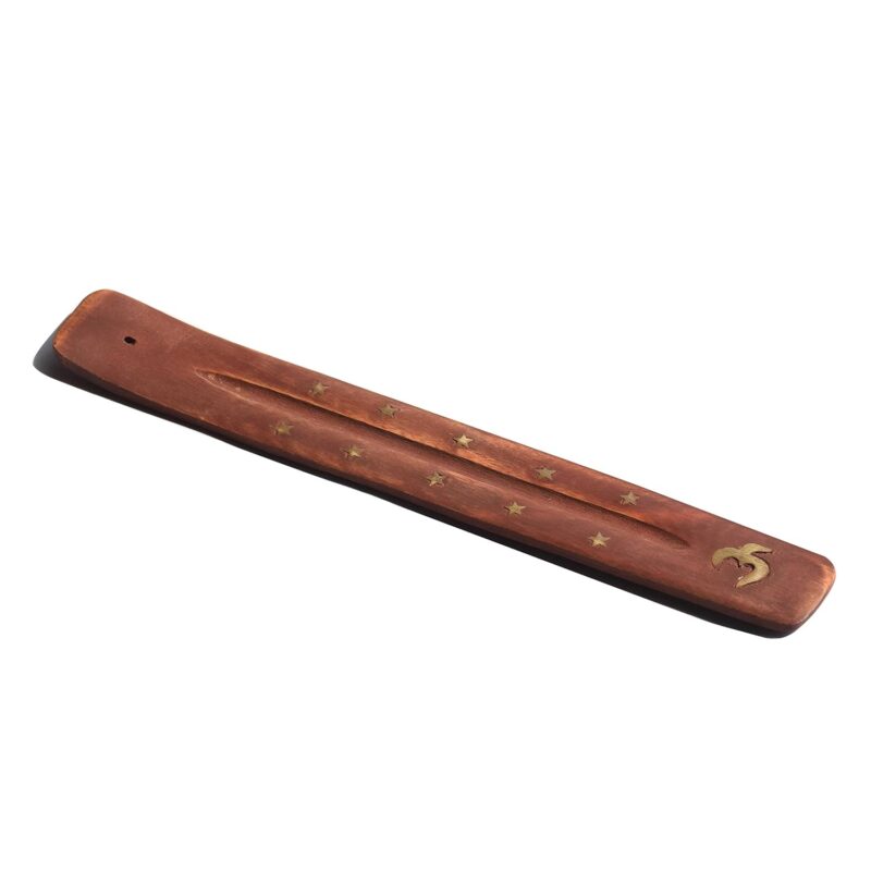 Pure Source India Wooden Incense Holder (10 x 1.5 x 1.5 inch, Brown) Long Brass Inlay OM Design