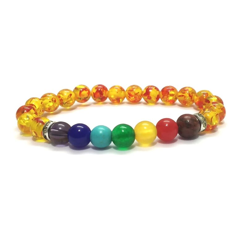 aurrastores Amber and 7 Chakra Stones Crystal Beads (8mm) Unisex Multicolor Bracelet (Lab Certified)