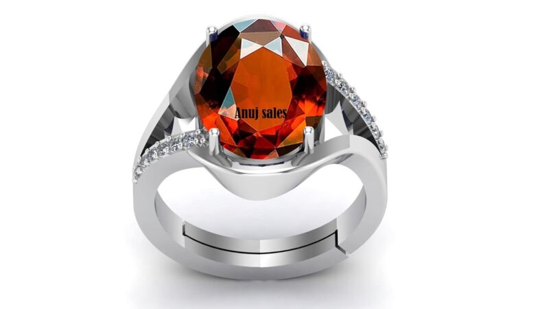 Anuj Sales 11.25 Ratti / 10.00 Carat Natural Certified Hessonite/Garnet/Gomed Loose Gemstone Silver Plated Adjustable Ring Sizes Between 15 to 28 for Men's and Women's