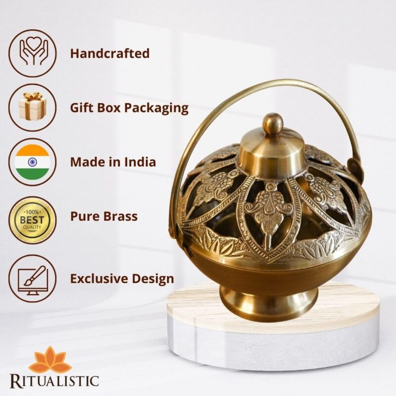 Ritualistic Vintage Brass Loban Lamp (Gold) | Style for Dhoop Holder and Candle Light | Incense Burner | Dhoop Dani | Pooja Items | Antique Lantern| Dhoop Batti Stand | Sambrani Holder|