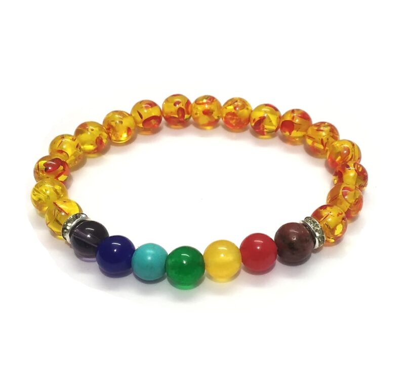 aurrastores Amber and 7 Chakra Stones Crystal Beads (8mm) Unisex Multicolor Bracelet (Lab Certified)