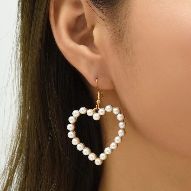 Pearl Heart Earrings for Women Pearl Heart Dangle Earrings for Women Heart Shaped Earrings Lover Earrings Tiny Pearl Earrings Pearl Jewelry for Women Birthday Holiday Gifts (Gold), Zinc, No Gemstone