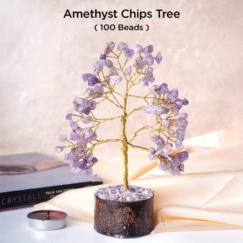 Shubhanjali Amethyst Tree 100 Beads for Home Decoration Showpiece | Feng Shui Gemstone Trees Gift for New House Warming, Wedding, Rakhi | Handmade Crystal Chips Stone Tree for Office Car Desk