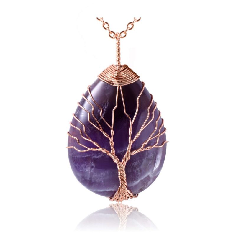 Top Plaza Wire Wrapped Tree of Life Natural Gemstone Teardrop Pendant Necklace Healing Crystal Chakra Jewelry for Women - Amethyst