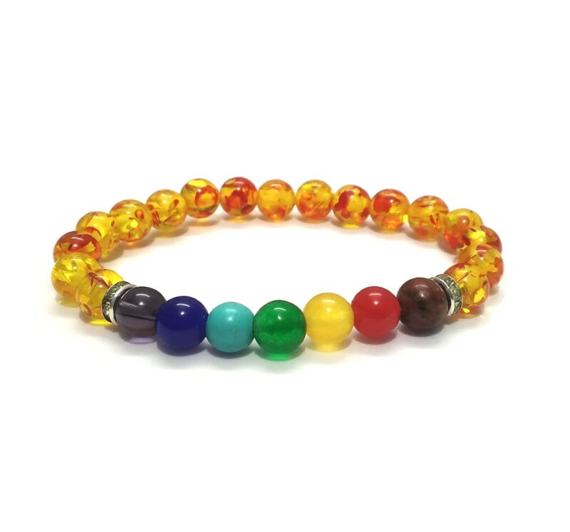 aurrastores Amber and 7 Chakra Stones Crystal Beads (8mm) Unisex Multicolor Bracelet (Lab Certified)