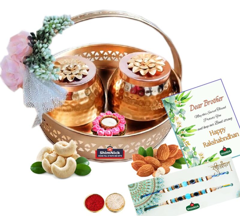 ShimNick | Gourmet Metal Gift with Cashews and Almonds | 4 Rakhis | Wholesome Nutty Treat With Designer Hamper | Cashews, Almonds | Festive Gifting | Rli- Chawal- Mishri