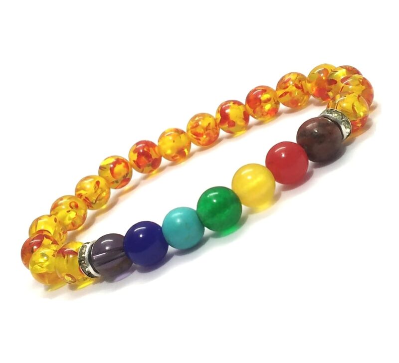 aurrastores Amber and 7 Chakra Stones Crystal Beads (8mm) Unisex Multicolor Bracelet (Lab Certified)