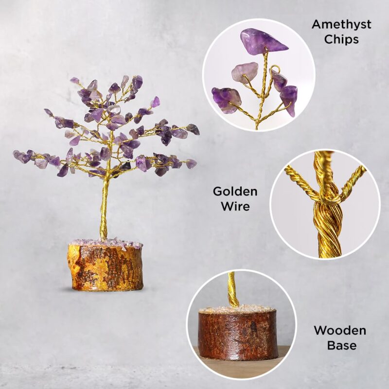 Shubhanjali Amethyst Tree 100 Beads for Home Decoration Showpiece | Feng Shui Gemstone Trees Gift for New House Warming, Wedding, Rakhi | Handmade Crystal Chips Stone Tree for Office Car Desk