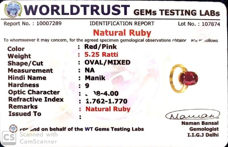 LMDPRAJAPATIS Certified Unheated Untreatet 3.00 Carat A+ Quality Natural Ruby Manik Gemstone Gold Plated Ring For Women's and Men's