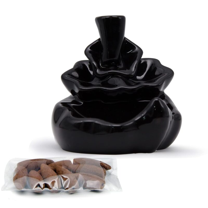 IRIS Ceramic Back Flow Incense Holder Shape- Water Fall, Black