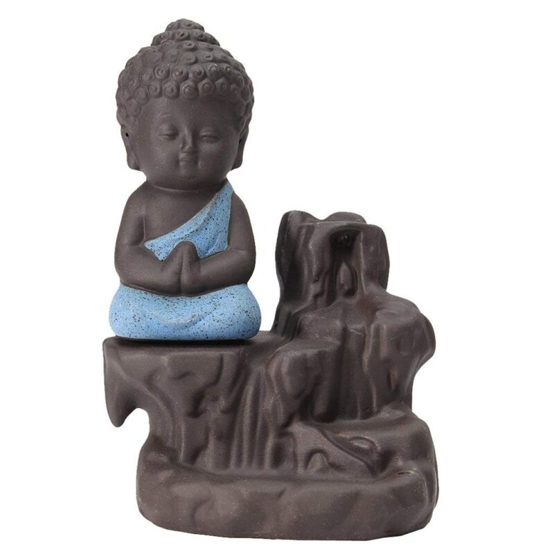 eCraftIndia Meditating Monk Buddha Smoke Backflow Cone Decorative Incense Holder (7 cm x 7 cm x 12, Blue)