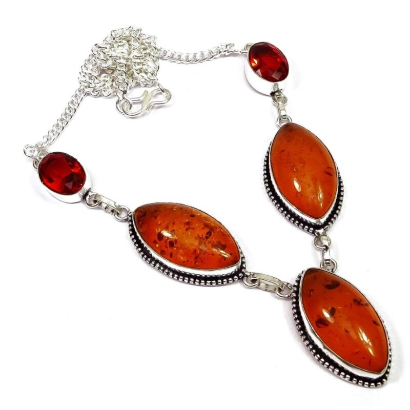 RidVik Nimbark Amber Quartz Garnet Simulated Gemstone Silver Plated Jewelry Necklace 18