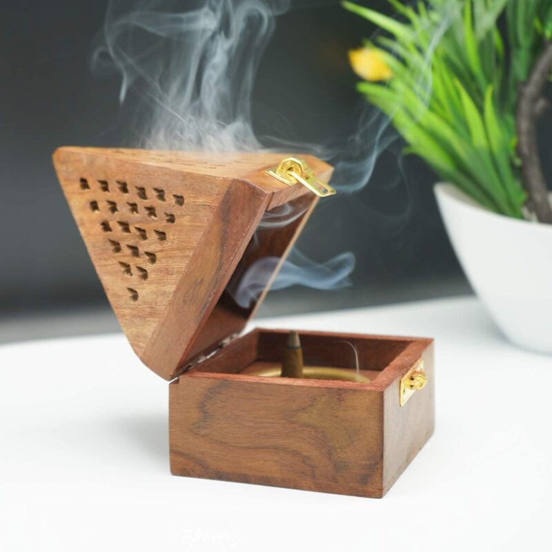 WOOD ART STORE Wooden Pyramid Shape Incense Box Hoder Stand | Wooden Agarbatti Stand with ash Catcher for Home Office | Incense Sticks Holder (Medium)