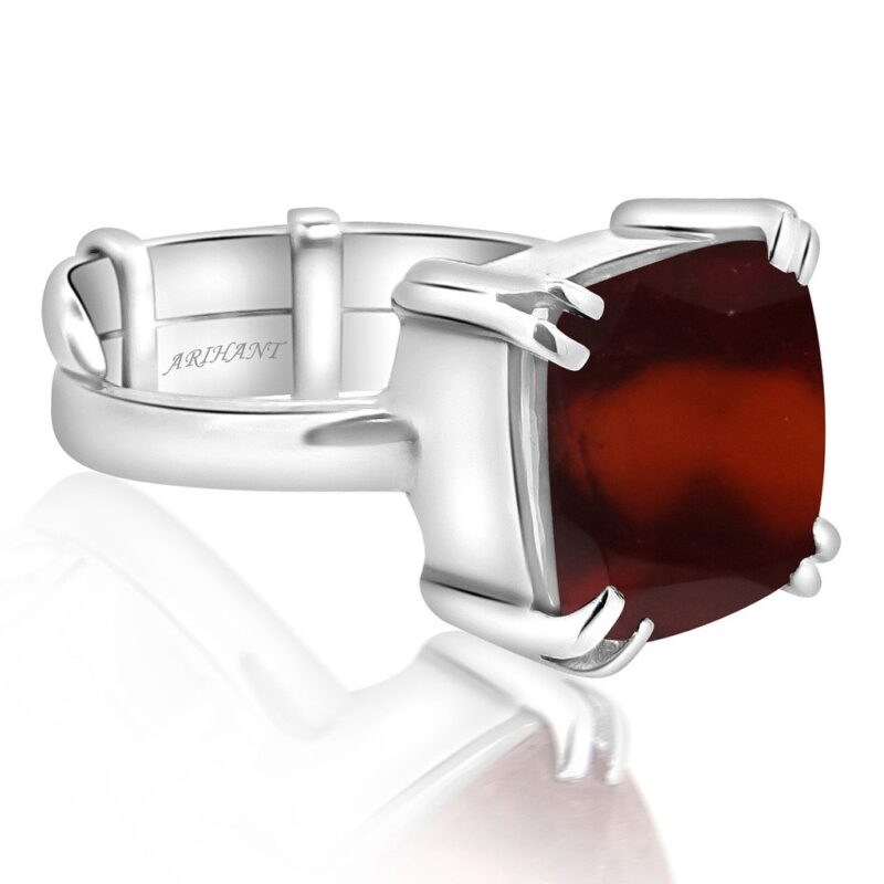 Arihant Gems & Jewels 4.25/5.25/6.25/7.25/8.25/9.25/10.25/11.25/12.25 Ratti Silver Adjustable Hessonite Garnet/Gomed Ring | Natural & Certified | Astrological Gemstone | Positive Effect | Unisex Both for Men & Women