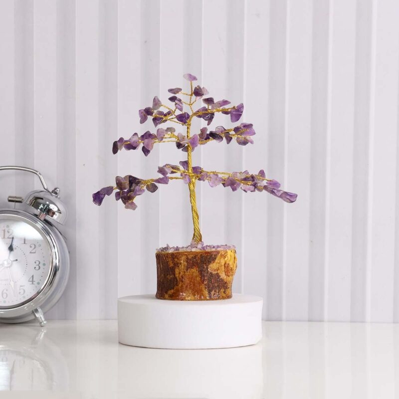 Shubhanjali Amethyst Tree 100 Beads for Home Decoration Showpiece | Feng Shui Gemstone Trees Gift for New House Warming, Wedding, Rakhi | Handmade Crystal Chips Stone Tree for Office Car Desk